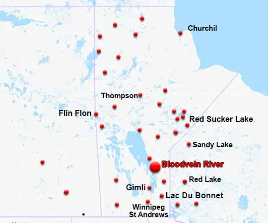 Map showing Bloodvein River charter access and canoe route geography